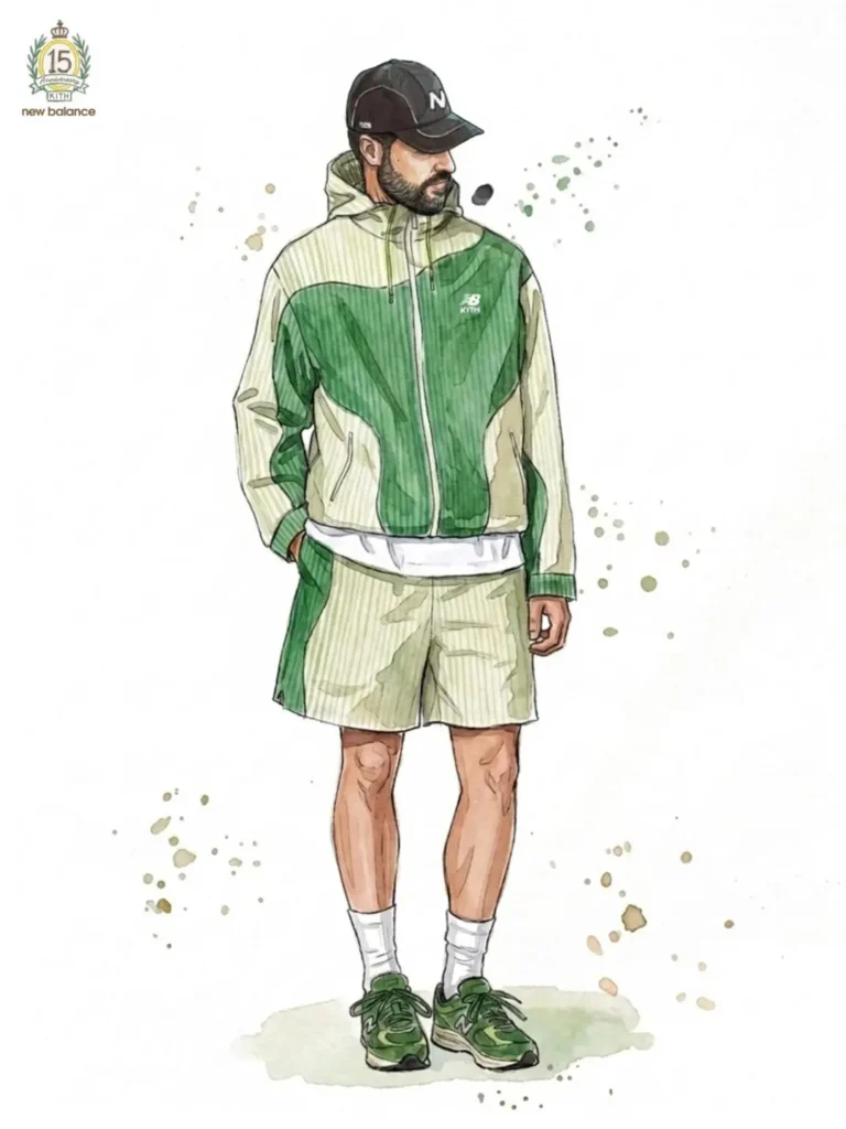 Full-body watercolor fashion illustration of a man wearing a green-and-cream hooded track jacket with matching shorts, white socks, and green New Balance shoe. The artwork emphasizes sporty tailoring, fluid watercolor textures, and subtle splatter details on a minimalist white backdrop