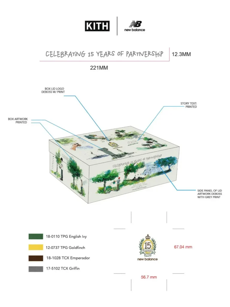 Packaging design concept for a Kith x New Balance 15th anniversary release. The illustrated shoe box features watercolor-inspired artwork, commemorative branding, anniversary crests, color specifications, and technical printing notes detailing embossed graphics and decorative packaging element