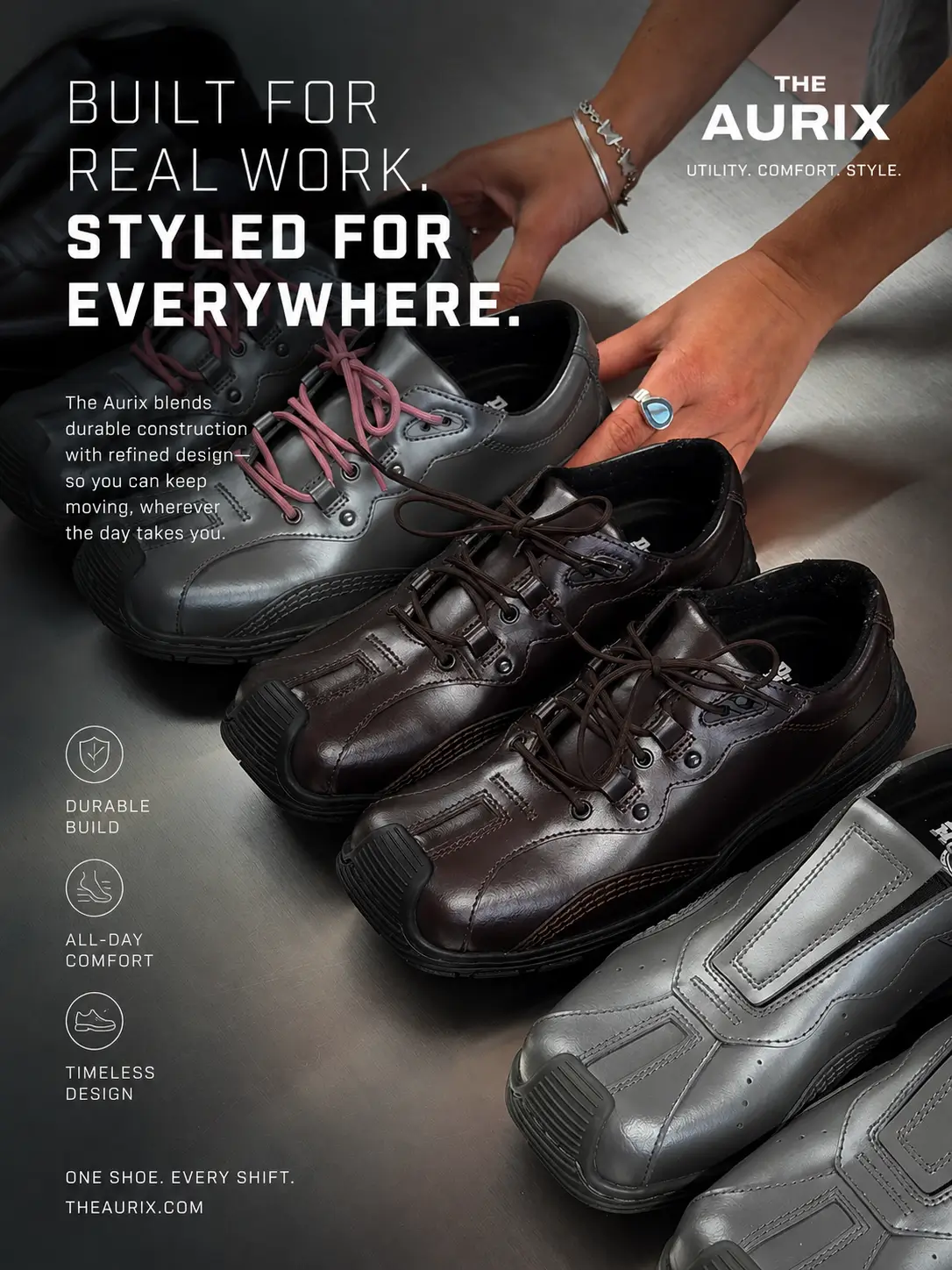 Promotional advertisement for The Aurix leather footwear featuring multiple brown and metallic silver lace-up and slip-on styles arranged on a brushed metal surface while hands organize the shoes. Bold white typography reads “Built for Real Work. Styled for Everywhere.” with The Aurix logo and the tagline “Utility. Comfort. Style.” Icons highlight durable build, all-day comfort, and timeless design, reinforcing the collection’s blend of functional workwear performance and contemporary everyday style