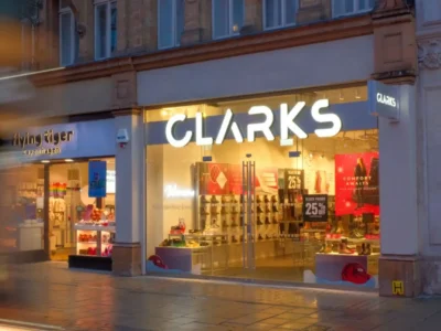 Exterior view of a Clarks retail store representing the footwear brand's global expansion strategy across China, the United States, and Europe in 2026