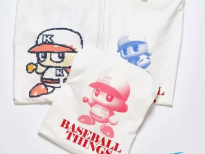 Konami Power Pros x Baseball Things graphic T-shirts displayed together, featuring pixel-art and gradient mascot character prints on premium white cloth tees