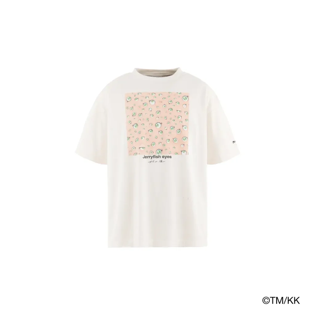 Oversized white T-shirt showcasing Takashi Murakami-inspired “Jellyfish Eyes” artwork. A pastel pink square filled with floating green eyes sits prominently on the chest, paired with subtle branding and Japanese text