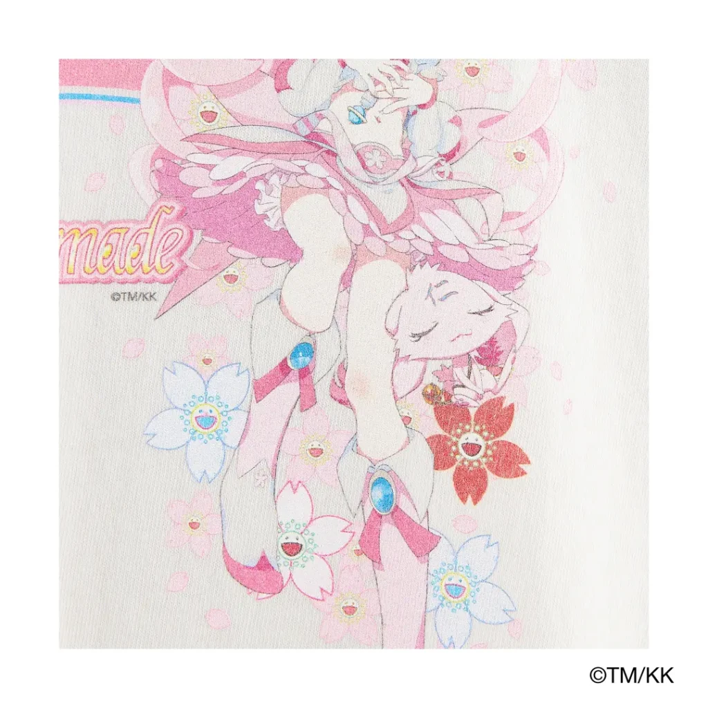 Detailed close-up of a pink anime-inspired character illustration surrounded by cherry blossom motifs and smiling flower graphics. Soft pastel tones emphasize a whimsical, fantasy-inspired aesthetic