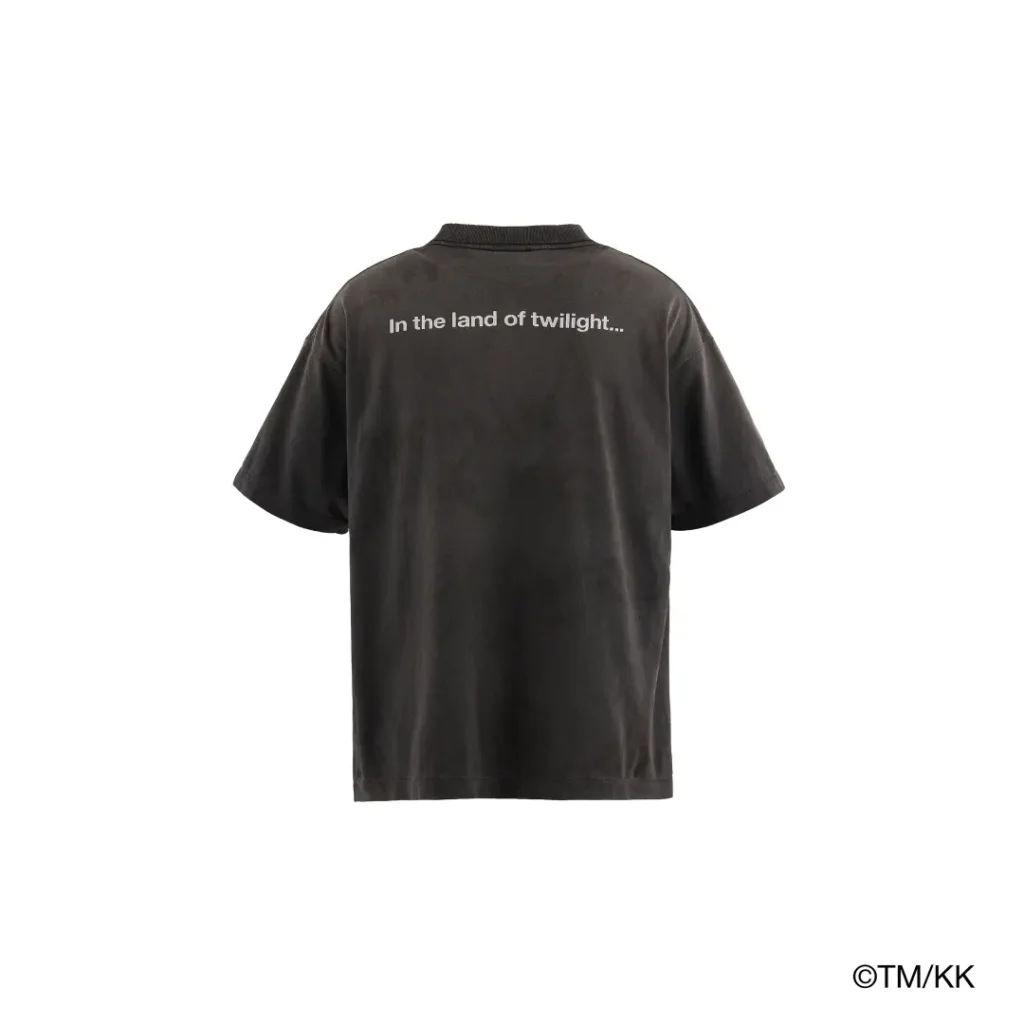Rear product view of a black short-sleeve T-shirt featuring minimalist white text across the upper back. The garment is displayed against a neutral studio backdrop