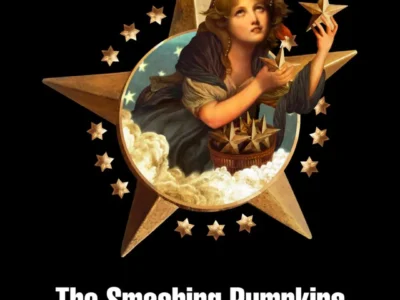 Vintage celestial artwork featuring a dreamy angelic figure surrounded by golden stars and clouds within a large star emblem, displayed above The Smashing Pumpkins and NEIGHBORHOOD logos on a black background