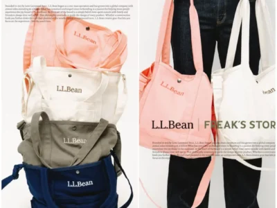 Stacked display of L.L.Bean × FREAK’S STORE canvas tote bags in pink, cream, gray, and navy, showcasing the collection’s range of seasonal colorway