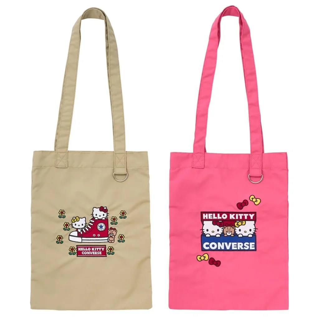 Two Hello Kitty x Converse canvas tote bags in beige and pink, decorated with playful character graphics, flowers, bows, and signature Converse brand