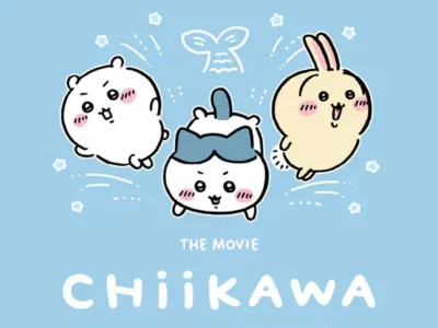Promotional poster for Chiikawa: The Secret of the Mermaid Island featuring Chiikawa, Hachiware, and Usagi smiling against a pastel blue background with play doodles and the film title below