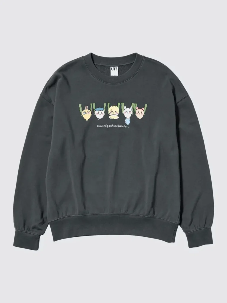 Charcoal gray UNIQLO UT Chiikawa crewneck sweatshirt with a playful front graphic of five Chiikawa characters hanging upside down from green seaweed