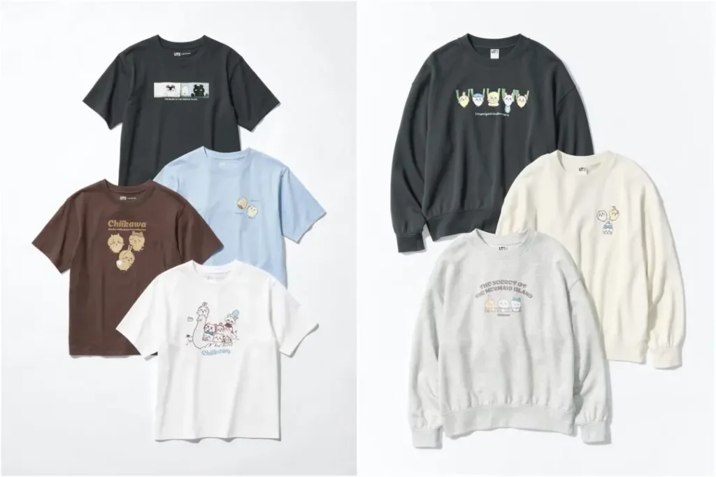 UNIQLO UT × Chiikawa apparel collection showcasing four graphic T-shirts and three crewneck sweatshirts inspired by The Secret of the Mermaid Island in black, brown, white, light blue, cream, and gray colorway