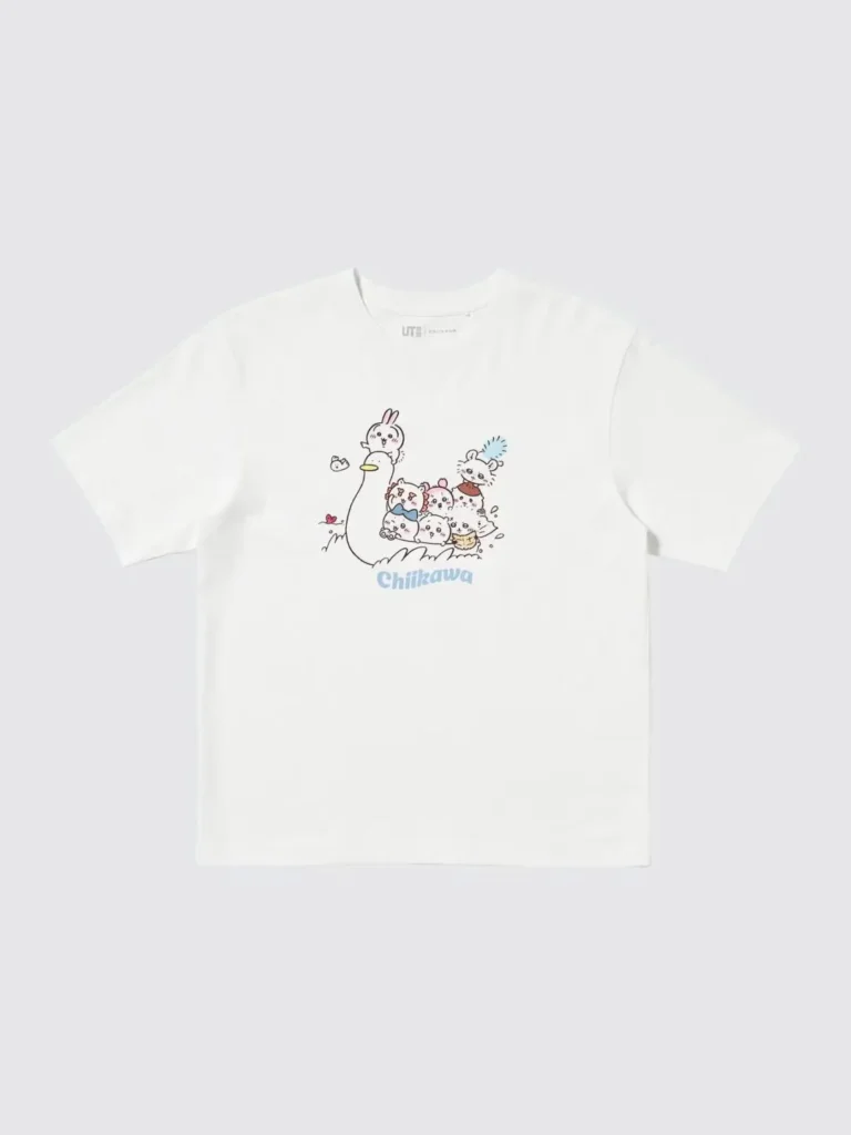 White UNIQLO UT Chiikawa T-shirt featuring Chiikawa characters riding together on a large white bird with colorful pastel artwork and a light blue Chiikawa logo