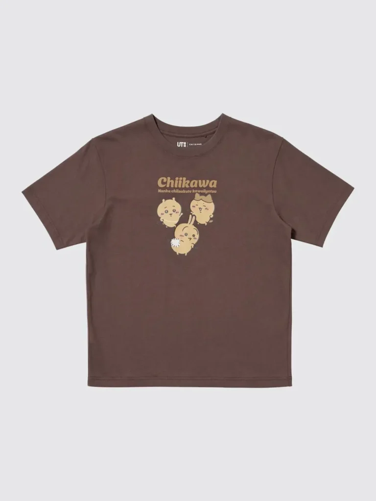 Brown UNIQLO UT Chiikawa T-shirt with a vintage-style print of Chiikawa, Hachiware, and Usagi grouped beneath the Chiikawa logo in warm beige tone