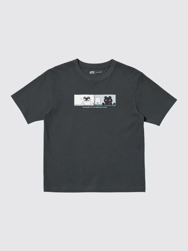 Charcoal gray UNIQLO UT Chiikawa T-shirt featuring a minimalist rectangular panel graphic with movie characters from The Secret of the Mermaid Island across the chest