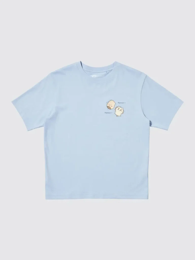 Light blue UNIQLO UT Chiikawa T-shirt with a small embroidered-style chest graphic of two adorable Chiikawa characters facing each other with play text accent