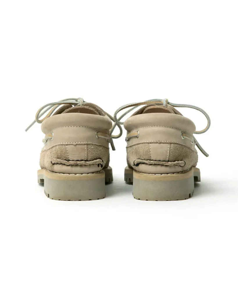 Rear view of the Timberland x nonnative 3EYE CLASSIC TAUPE emphasizing heel detailing, handsewn craftsmanship, and the thick translucent lug sole