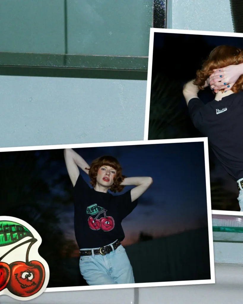 Mixed-media campaign collage combining multiple flash photographs of a model in a graphic T-shirt, layered with oversized cherry illustrations, tilted photo frames, and nostalgic DIY scrapbook style