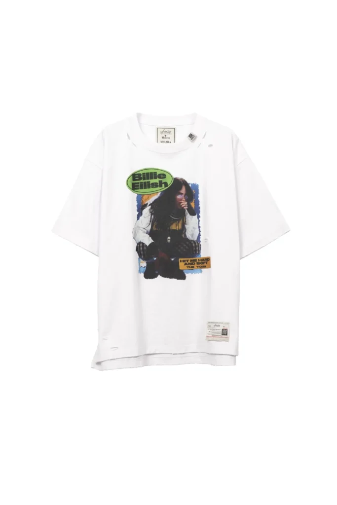 Maison MIHARA YASUHIRO x Billie Eilish distressed white oversized T-shirt featuring a vintage-style portrait graphic on the front with “Billie Eilish” logo and Hit Me Hard and Soft Tour brand