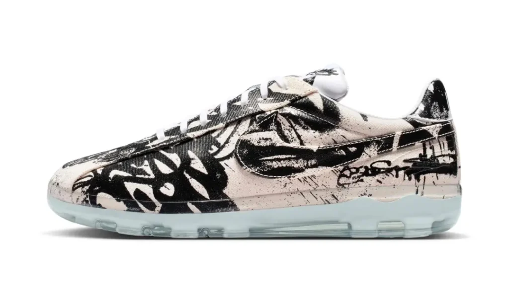 Lateral view of a Nike Cryoshot shoe showcasing hand-drawn street-art graphics, oversized Swoosh branding, and a clear blue sole unit