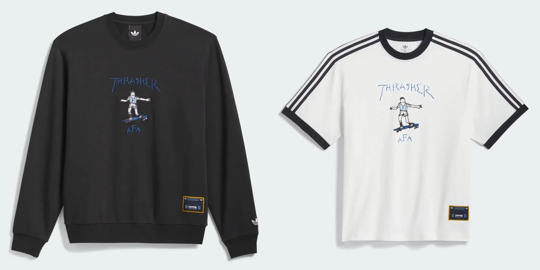 Black crewneck sweatshirt and white adidas ringer T-shirt from the THRASHER x AFA x adidas Skateboarding collection featuring Mark Gonzales artwork and Argentine-inspired graphic