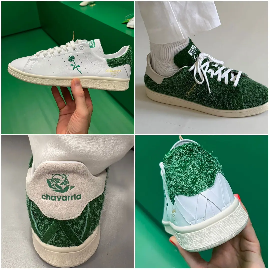 A five-image collage showcases a collider take on the adidas Stan Smith sneaker. The white leather upper features an embroidered green rose on the side panel, green Stan Smith tongue branding, and gold script near the heel. Deep green shaggy suede wraps the heel collar and appears across the entire upper in another variation, giving the shoe a grass-like texture. Additional close-ups reveal a cream heel tab with a green rose logo and "chavarria" branding, quilted white heel detailing, and an off-white rubber sole. The images include both hand-held product shots against a green display backdrop and on-foot views with white trousers and socks, emphasizing the collaboration's premium materials and distinctive botanical-inspired design