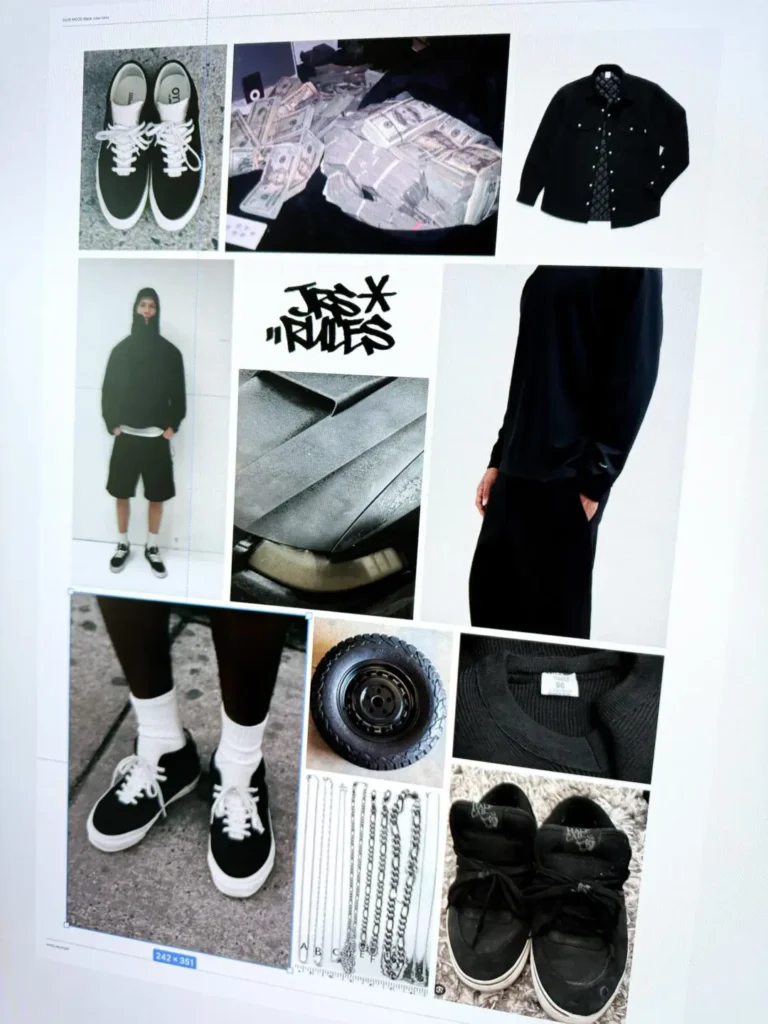Design inspiration mood board featuring monochrome footwear, technical apparel, industrial textures, jewelry, and streetwear references used in developing the JJJJound x New Balance 1890 aesthetic
