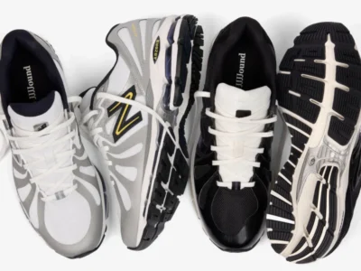 Comparison image of two New Balance 1890 colorways by JJJJound, including a black-and-cream version and a silver-grey edition with yellow-accented New Balance brand