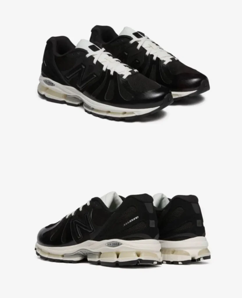 Pair of JJJJound x New Balance 1890 shoe in black and cream shown from front and rear angles, featuring layered mesh, glossy overlays, oversized ABZORB cushioning, and off-white laces