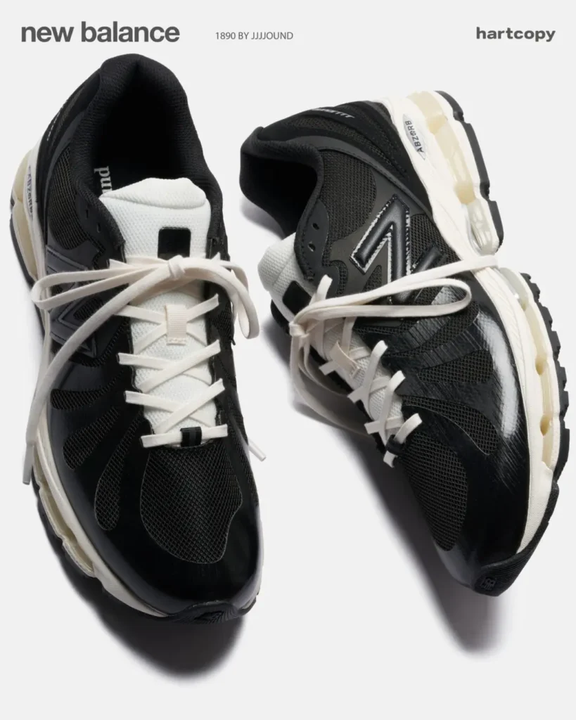 Editorial presentation of the JJJJound x New Balance 1890 highlights minimalist black-and-white color blocking, ABZORB cushioning technology, and understated collaborative brand