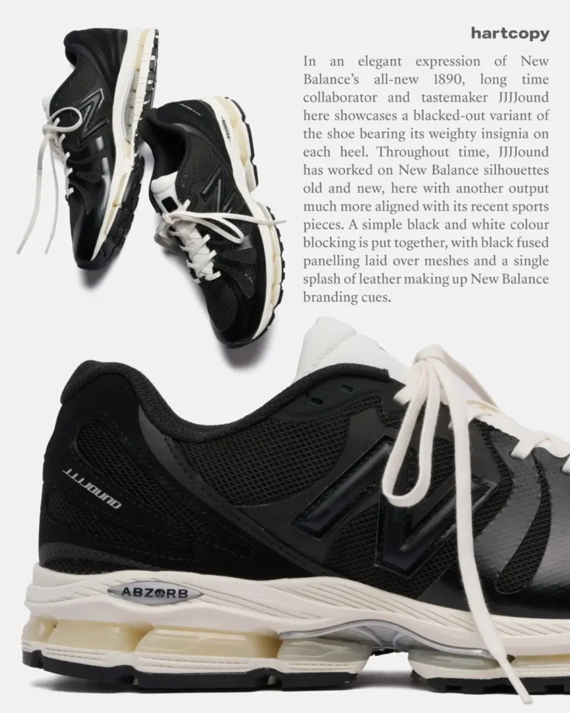 Editorial presentation of the JJJJound x New Balance 1890 highlights minimalist black-and-white color blocking, ABZORB cushioning technology, and understated connective brand