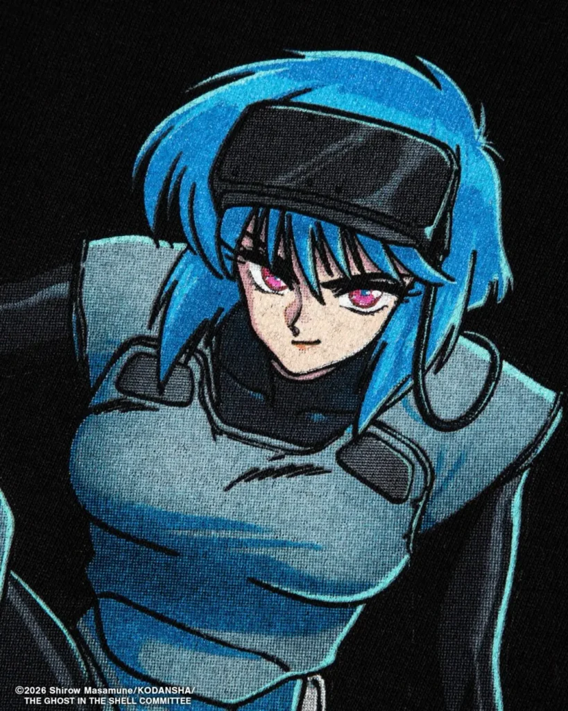 Close-up portrait of the blue-haired character, highlighting sharp facial features, pink eyes, futuristic headgear, and finely textured print detail