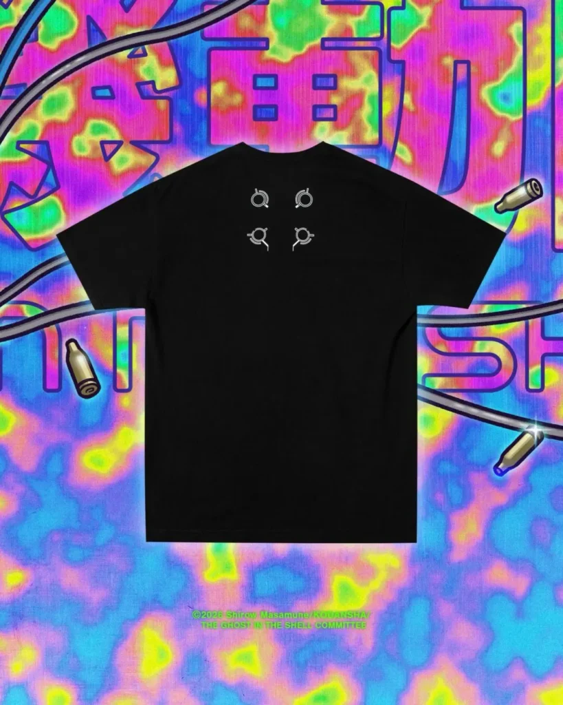 Back view of the black Ghost in the Shell T-shirt displaying four minimalist white cybernetic symbols arranged in a square near the upper back. The shirt is shown against a vivid multicolored futuristic background