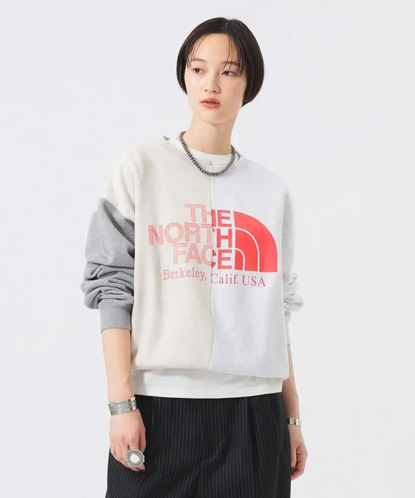 Full-body view of The North Face grey color-block sweatshirt with oversized branding, relaxed silhouette, and casual everyday style