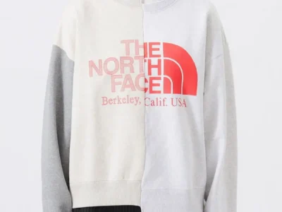 The North Face split-panel crewneck sweatshirt with oversized fit, color-block construction, and oversized logo graphic in soft grey tone