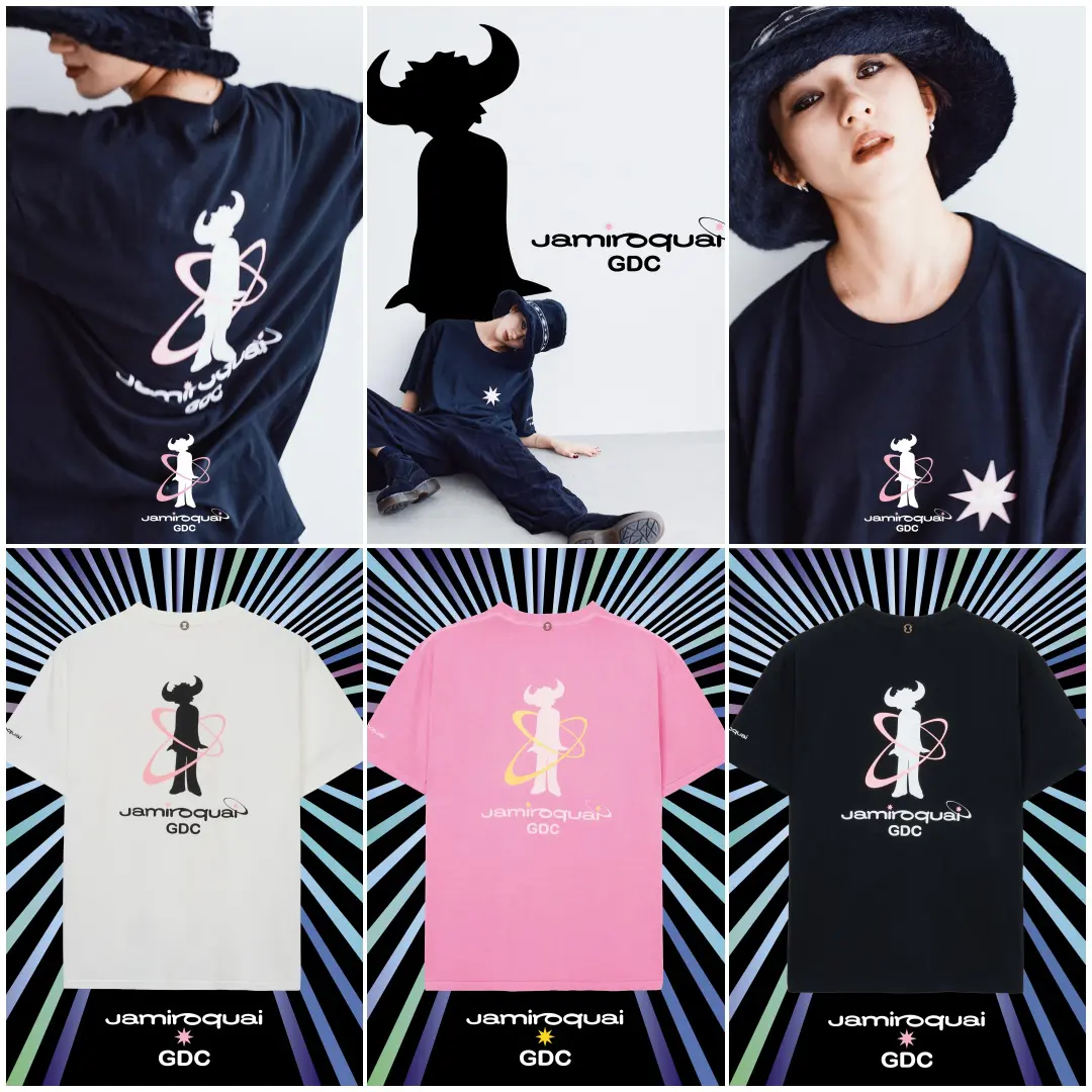 Collage showcasing the Jamiroquai x GDC collaboration, featuring a model in oversized black apparel and a fuzzy bucket hat alongside black, white, and pink graphic T-shirts. The collection highlights Jamiroquai’s iconic buffalo-man silhouette wrapped in orbital graphics, paired with GDC branding and retro-futuristic visual element