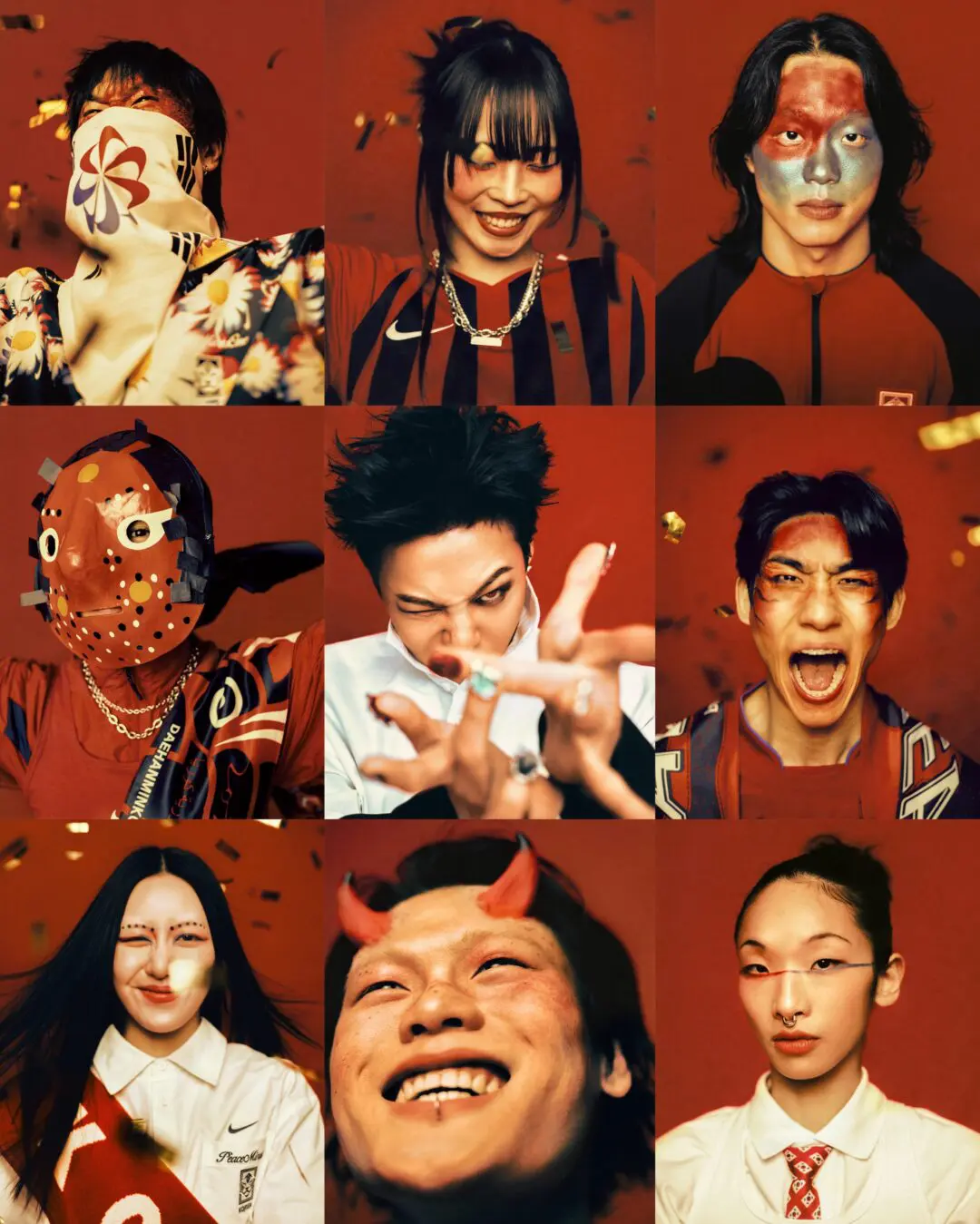 Creative collage of campaign participants wearing Nike x PeaceMinusOne Korea apparel, theatrical makeup, masks, and expressive styling set against a striking red backdrop