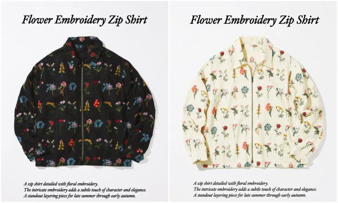 The Flower Embroidery Zip Shirt combines relaxed tailoring with intricate all-over floral embroidery. Available in both cream and black colorways, the lightweight zip-front silhouette features a textured woven fabric, pointed collar, and vibrant botanical motifs, creating a versatile layering piece that balances vintage charm with contemporary style