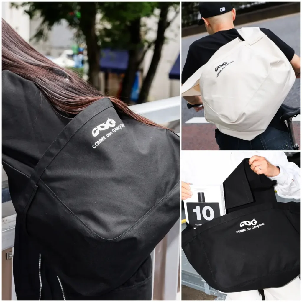 Collage showcasing COMME des GARÇONS CDG oversized tote bags in black and off-white colorways, highlighting their slouchy silhouette, large capacity, and bold logo branding in day use