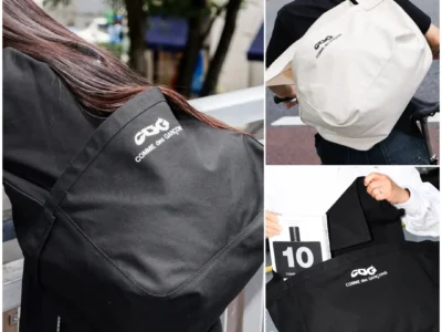 Collage showcasing COMME des GARÇONS CDG oversized tote bags in black and off-white colorways, highlighting their slouchy silhouette, large capacity, and bold logo branding in day use