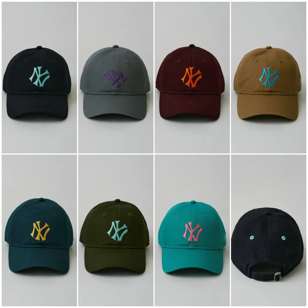Group image displaying multiple New Era MLB adjustable caps in assorted colorways, including Yankees and Dodgers designs with contrasting embroidered logos and coordinated accent detail