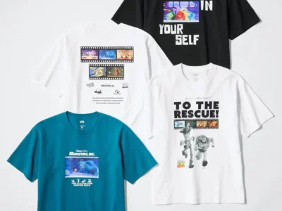 A lineup of six graphic Tee from a Pixar-themed UNIQLO UT collection is displayed against a light gray background. The designs celebrate iconic Pixar films including Monsters, Inc., Toy Story, Inside Out 2, and The Incredibles. The assortment features white, black, and teal colorways with film stills, character artwork, motivational slogans, and retro filmstrip graphics that commemorate Pixar’s storytelling legacy