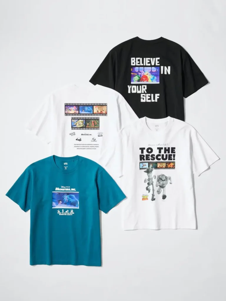 A lineup of six graphic Tee from a Pixar-themed UNIQLO UT collection is displayed against a light gray background. The designs celebrate iconic Pixar films including Monsters, Inc., Toy Story, Inside Out 2, and The Incredibles. The assortment features white, black, and teal colorways with film stills, character artwork, motivational slogans, and retro filmstrip graphics that commemorate Pixar’s storytelling legacy