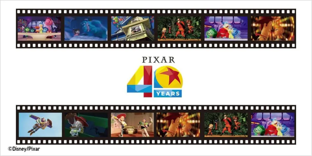 A commemorative Pixar graphic features the studio’s colorful 40th-anniversary logo centered between two horizontal filmstrips. The frames showcase scenes and characters from beloved Pixar films, including Toy Story, Monsters, Inc., Inside Out 2, and The Incredibles. Set on a clean white background, the design celebrates four decades of animation through a cinematic scrapbook aesthetic