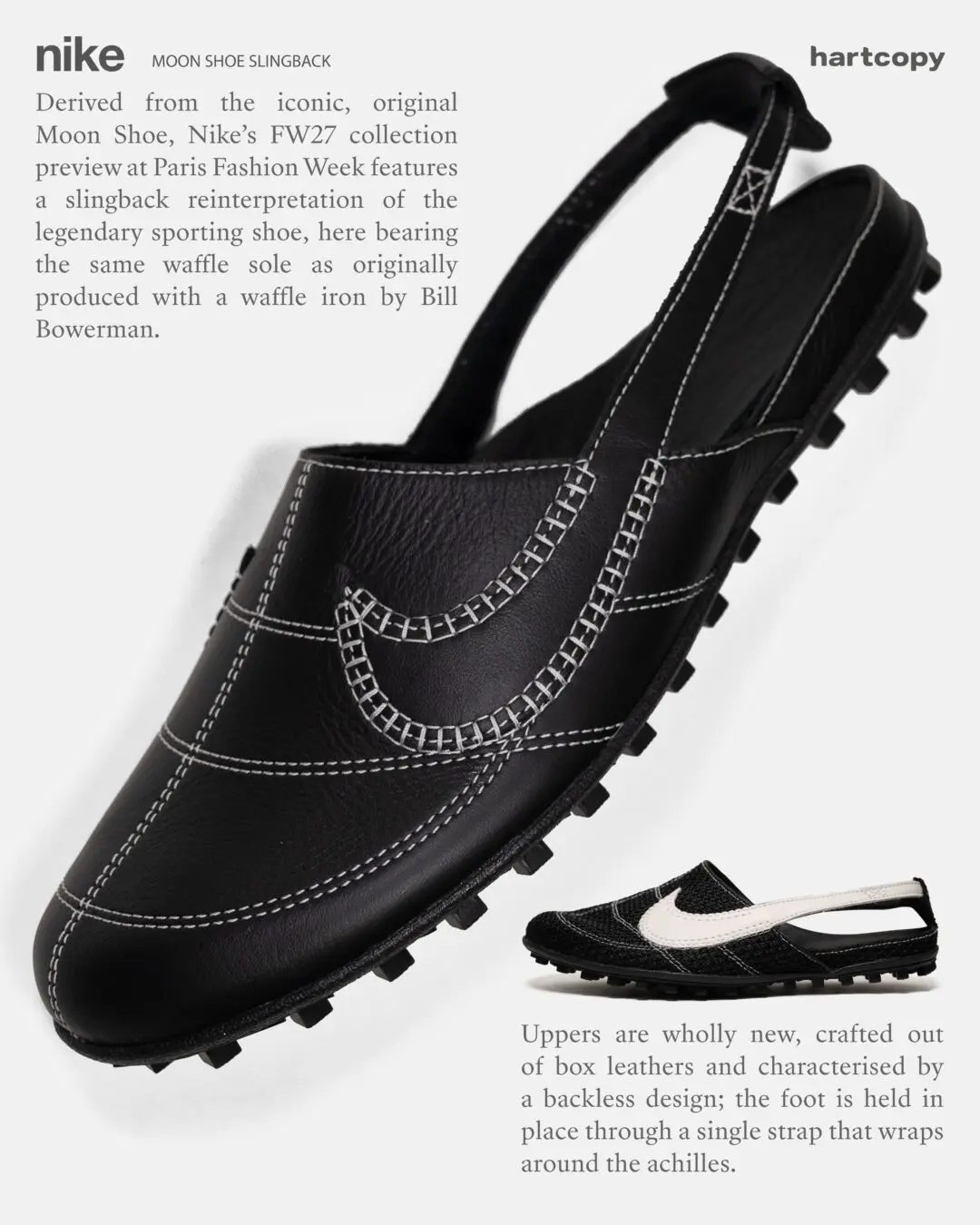 Editorial concept image showcasing the Nike Moon Shoe Slingback from Nike's FW27 collection preview. The black leather slingback mule features contrast white stitching, a stitched Swoosh, an adjustable heel strap, and the signature waffle outsole inspired by Bill Bowerman's original Moon Shoe. Informational text explains the design inspiration and construction, while a smaller inset image displays an alternate black textured version with an oversized white Swoosh