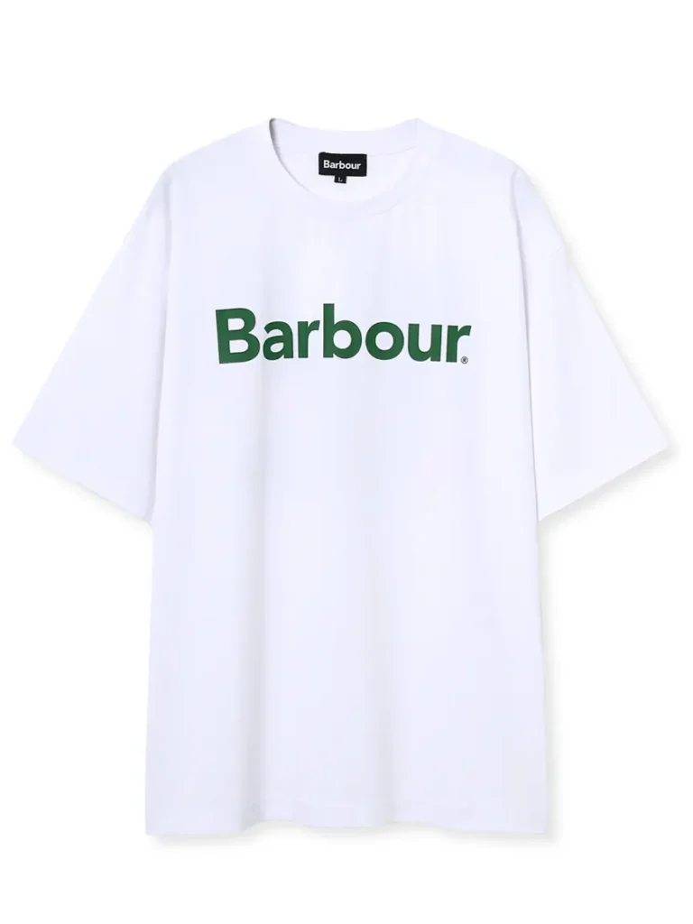 Front view of the white Barbour x Fuji Rock Festival ’26 T-shirt featuring a clean green Barbour logo across the chest on a relaxed-fit cloth sil