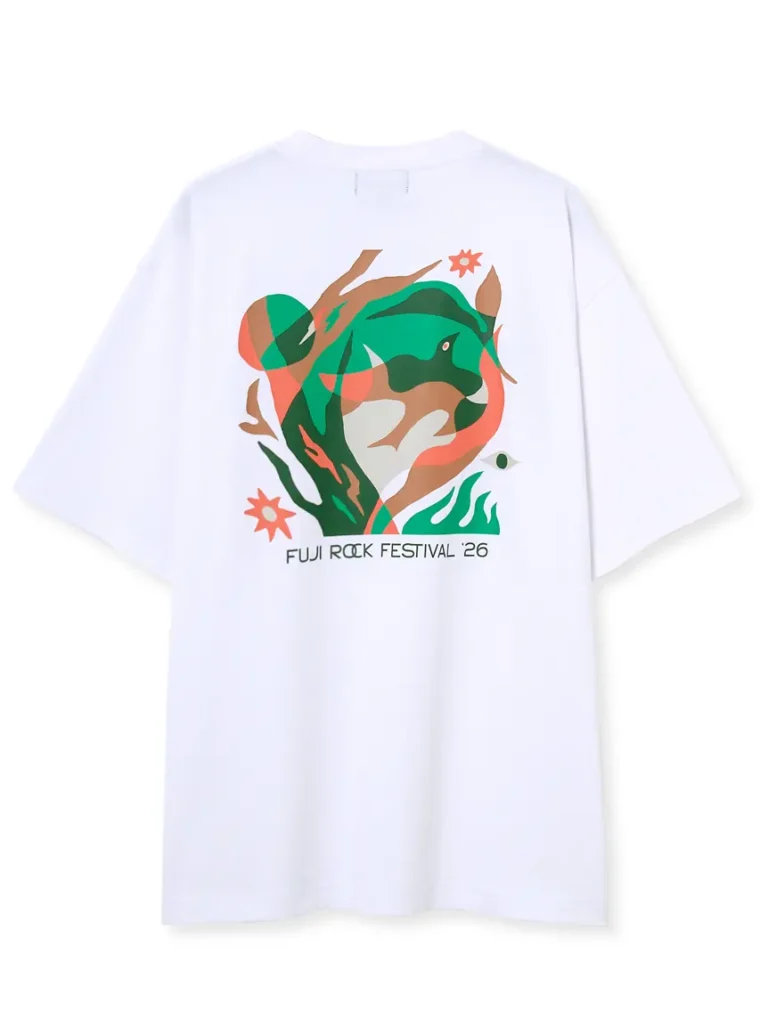 Back view of the white Barbour x Fuji Rock Festival ’26 T-shirt featuring a large multicolor festival graphic designed by Asuka Watanabe with Fuji Rock Festival ’26 brand