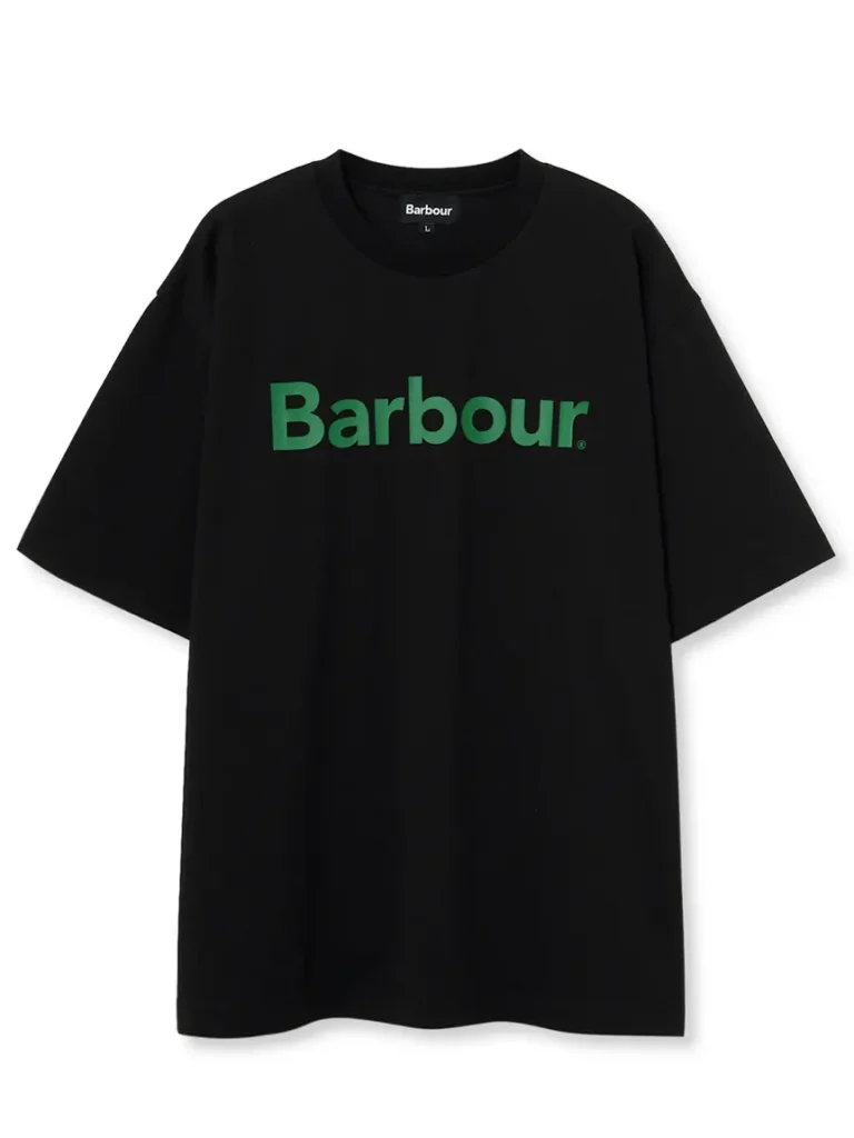 Front view of the black Barbour x Fuji Rock Festival ’26 T-shirt featuring a bold green Barbour logo on a relaxed oversized cloth tee