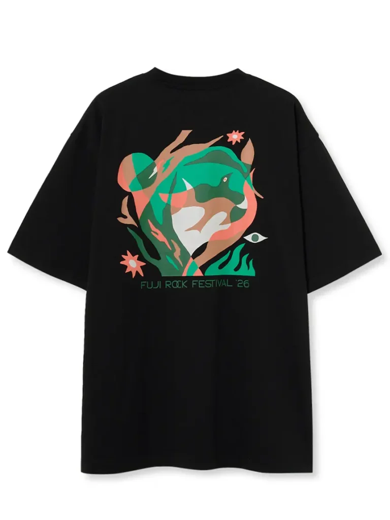 Back view of the black Barbour x Fuji Rock Festival ’26 T-shirt showcasing vibrant festival-inspired artwork with abstract nature motifs and Fuji Rock Festival ’26 text