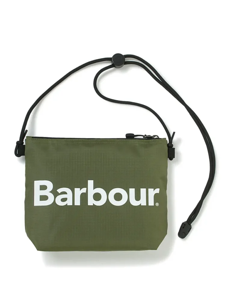 Olive green Barbour x Fuji Rock Festival ’26 sacoche bag featuring an adjustable black cord strap and prominent white Barbour logo on the front