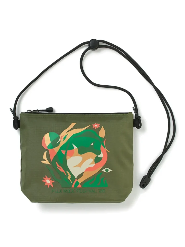 Reverse side of the olive Barbour x Fuji Rock Festival ’26 sacoche displaying colorful festival artwork inspired by mountains, forests, and outdoor music culture
