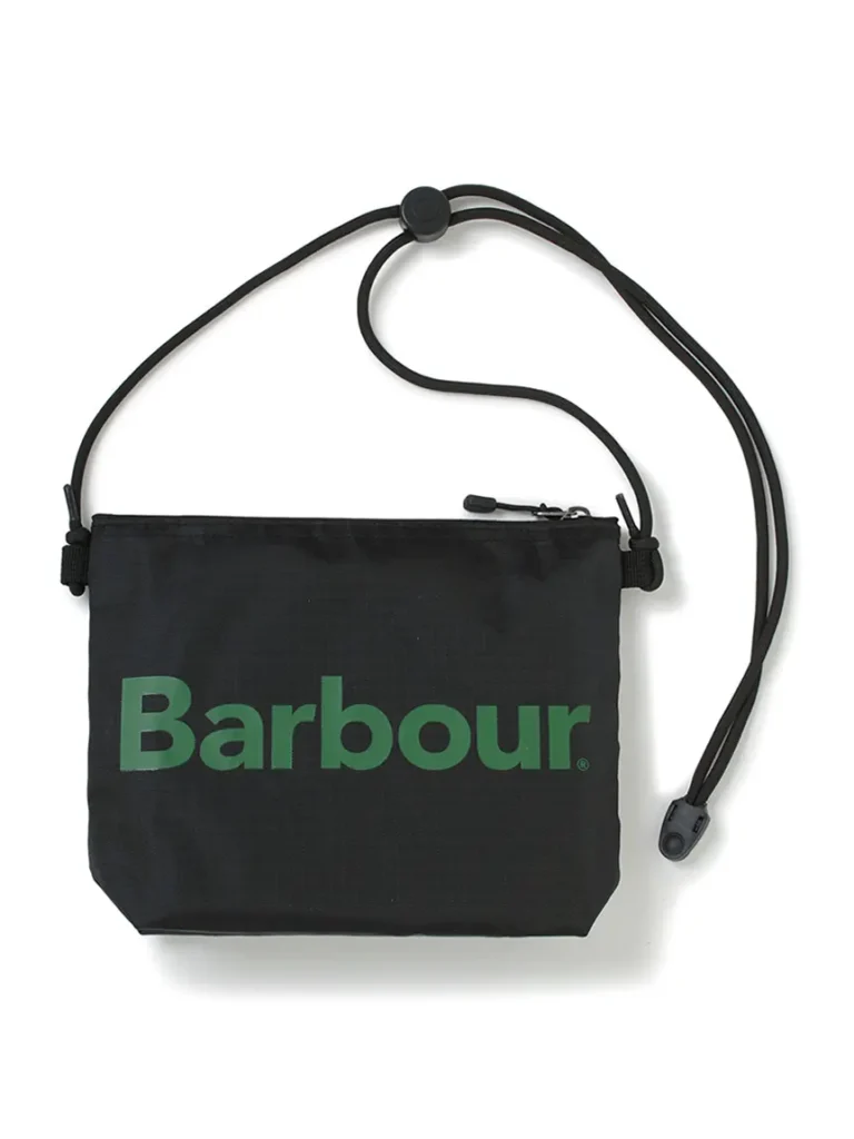 Black Barbour x Fuji Rock Festival ’26 sacoche bag with adjustable cord strap and oversized green Barbour logo printed across the front panel
